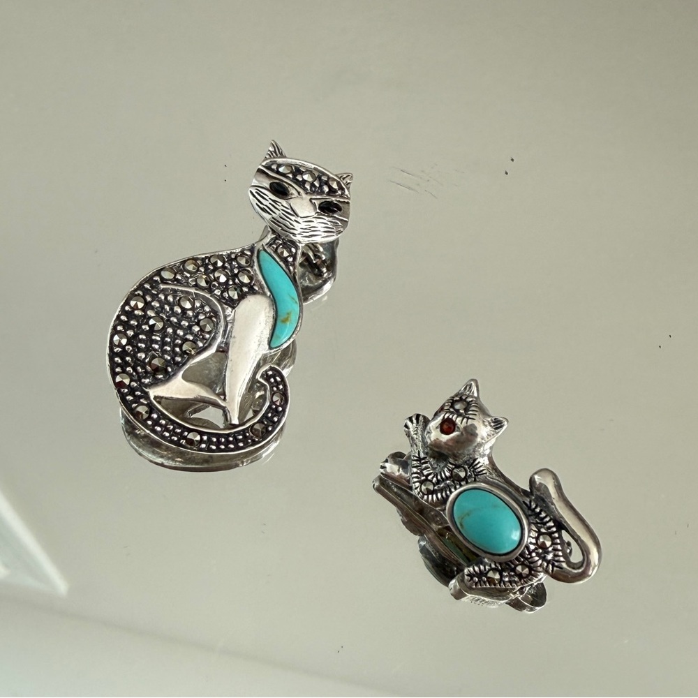 Vintage Rare 925 Silver Turquoise Cat Brooch Agate Eyes Marcasite 2pc Set